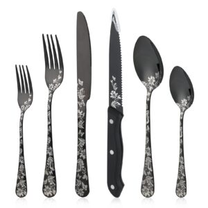 24-piece black silverware set with steak knives, seolmae unique flower design stainless steel flatware cutlery set, include textured fork spoon knife set, mirror polished, dishwasher safe utensils