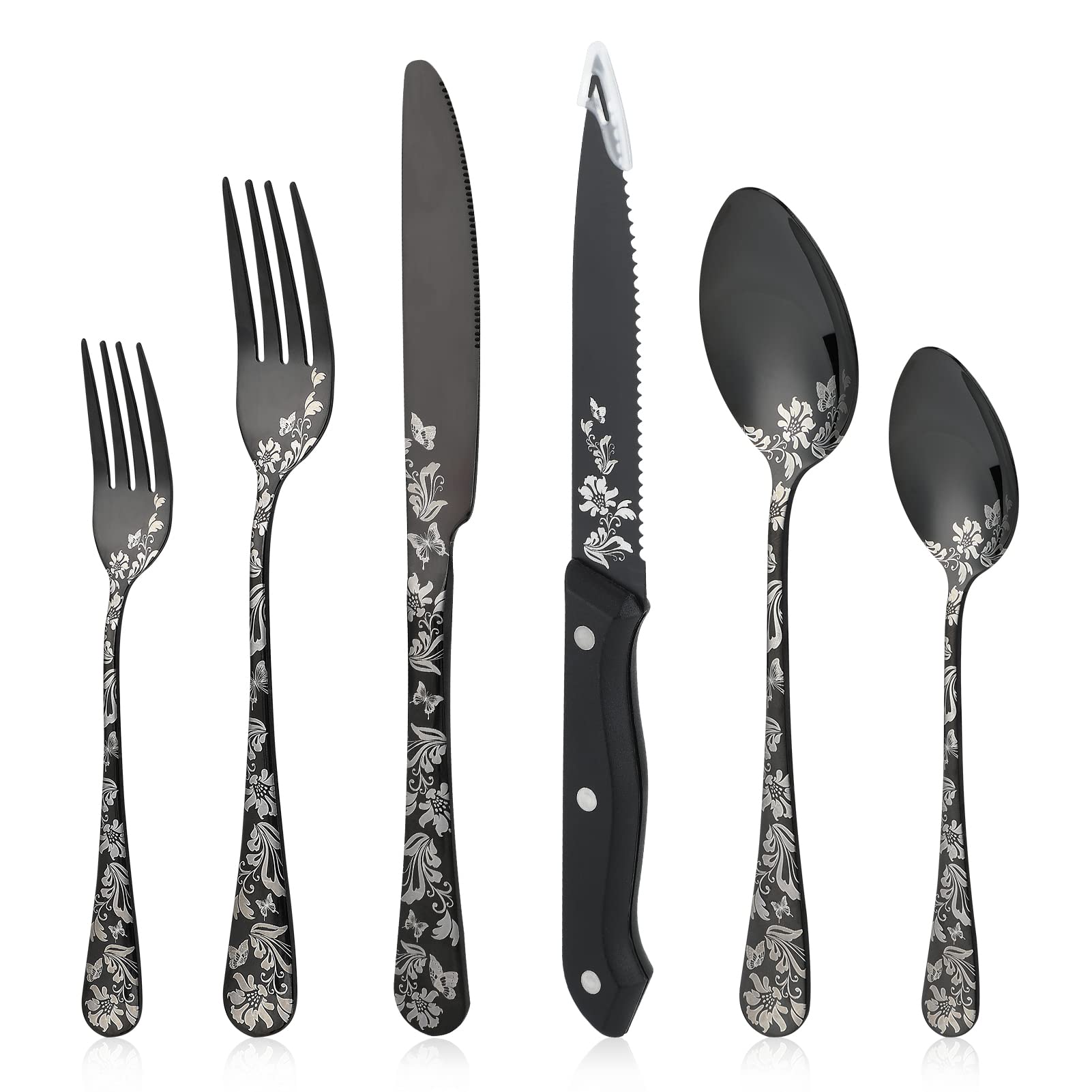 24-Piece Black Silverware Set with Steak Knives, Seolmae Unique Flower Design Stainless Steel Flatware Cutlery Set, Include Textured Fork Spoon Knife Set, Mirror Polished, Dishwasher Safe Utensils