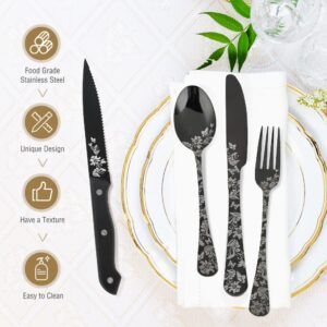 24-Piece Black Silverware Set with Steak Knives, Seolmae Unique Flower Design Stainless Steel Flatware Cutlery Set, Include Textured Fork Spoon Knife Set, Mirror Polished, Dishwasher Safe Utensils