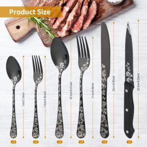 24-Piece Black Silverware Set with Steak Knives, Seolmae Unique Flower Design Stainless Steel Flatware Cutlery Set, Include Textured Fork Spoon Knife Set, Mirror Polished, Dishwasher Safe Utensils