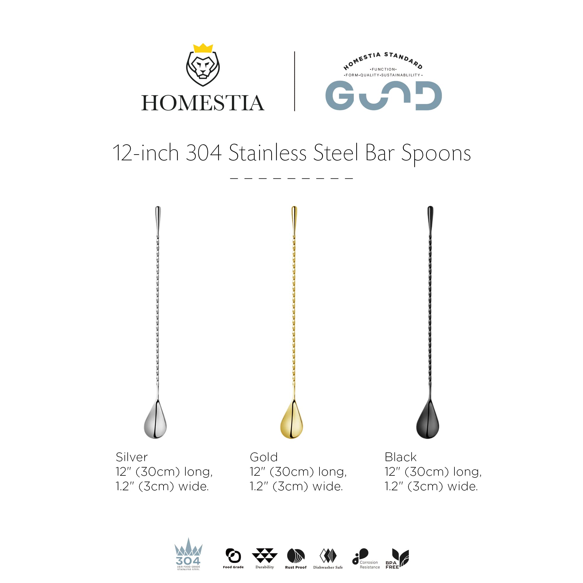 Homestia Black Bar Spoon Stainless Steel Cocktail Stirring Spoon Long Handle Cocktail Stirrer for Drinks Coffee Stir Spoon 12"