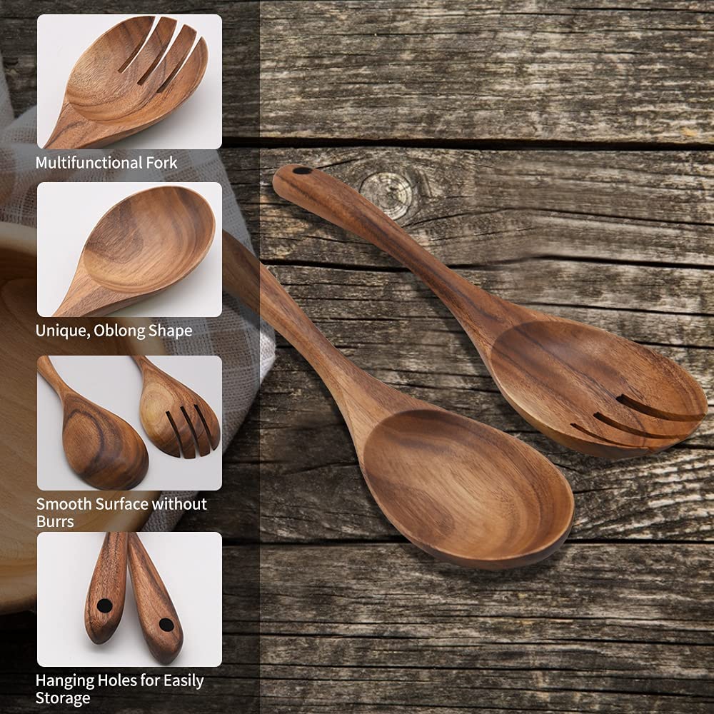 AYFDISHS Salad Servers,Wooden Salad Tongs,10.2in Serving Utensils Set,Acacia Salad Spoon and Fork Set Long Handle Salad Server Set Wood Serving Utensils