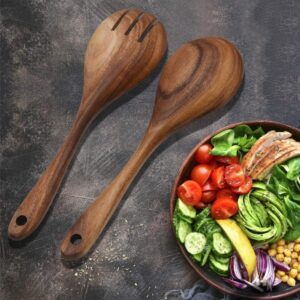 AYFDISHS Salad Servers,Wooden Salad Tongs,10.2in Serving Utensils Set,Acacia Salad Spoon and Fork Set Long Handle Salad Server Set Wood Serving Utensils