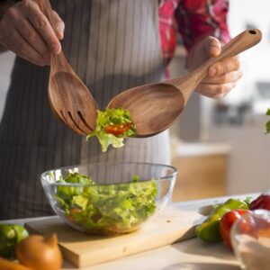 AYFDISHS Salad Servers,Wooden Salad Tongs,10.2in Serving Utensils Set,Acacia Salad Spoon and Fork Set Long Handle Salad Server Set Wood Serving Utensils