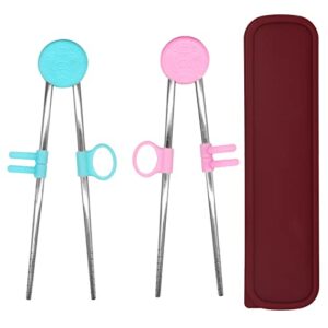 teach your kids how to use chopsticks with our 2 pairs of training chopsticks for beginner - reusable stainless steel kids' chopsticks perfect for learning!（blue,pink）
