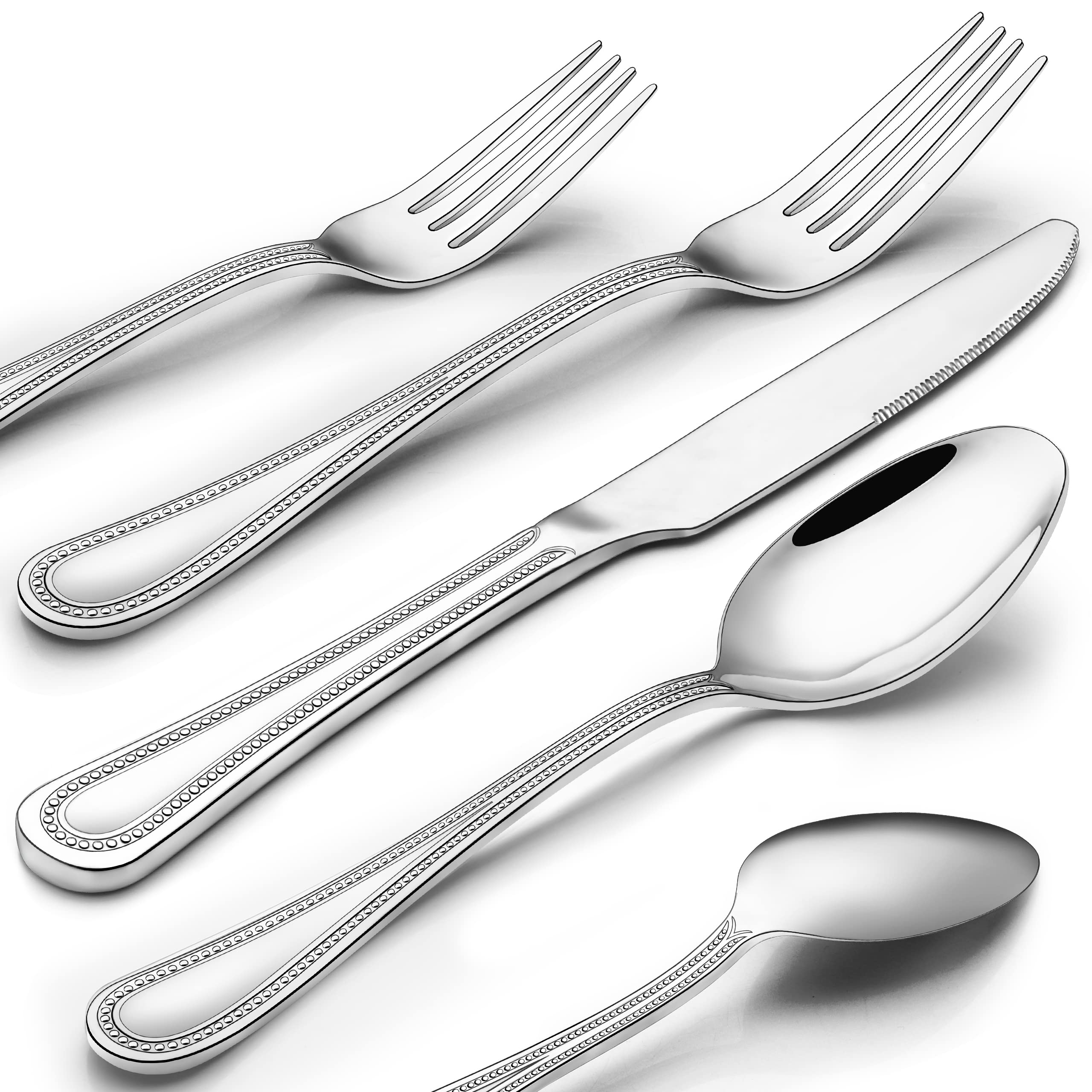 Paincco 60-Piece Silverware Set Service for 12, Stainless Steel Flatware set, Pearled Edge Cutlery Set Includes Knife Fork Spoon, Beading Eating Utensil for Home Kitchen Restaurant, Dishwasher Safe