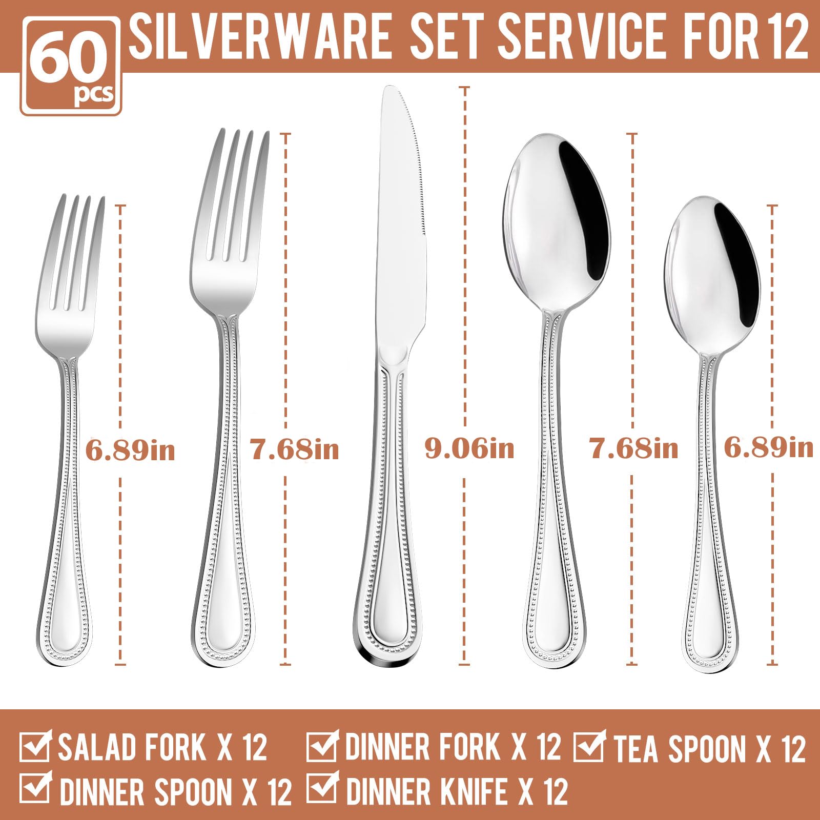 Paincco 60-Piece Silverware Set Service for 12, Stainless Steel Flatware set, Pearled Edge Cutlery Set Includes Knife Fork Spoon, Beading Eating Utensil for Home Kitchen Restaurant, Dishwasher Safe