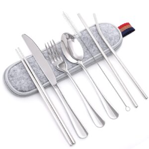 zxzcttc 8-piece stainless steel flatware set， cutlery set for trip camping,dishwasher safe，including knife fork spoon chopsticks cleaning brush straws with portable case，not easy to fade (silver)