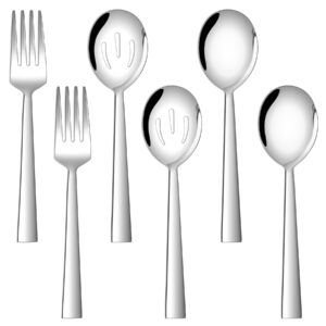 square serving utensils set of 6, e-far stainless steel 8.7 inch hostess serving set, metal serving spoon slotted spoons forks for party buffet catering, mirror finished & dishwasher safe