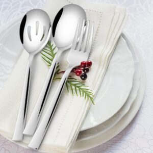 Square Serving Utensils Set of 6, E-far Stainless Steel 8.7 Inch Hostess Serving Set, Metal Serving Spoon Slotted Spoons Forks for Party Buffet Catering, Mirror Finished & Dishwasher Safe