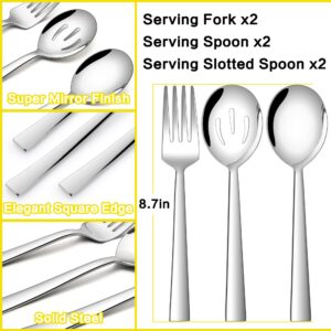 Square Serving Utensils Set of 6, E-far Stainless Steel 8.7 Inch Hostess Serving Set, Metal Serving Spoon Slotted Spoons Forks for Party Buffet Catering, Mirror Finished & Dishwasher Safe