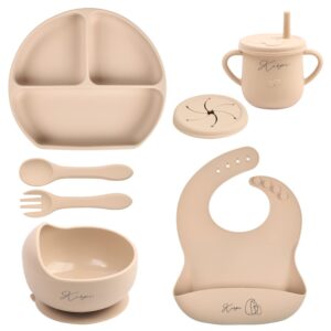 baby led weaning supplies - kirpi baby feeding set - silicone suction bowls, divided plates, sippy and snack cup - toddler self feeding eating utensils set with bibs, spoons, fork - 6 months (beige)