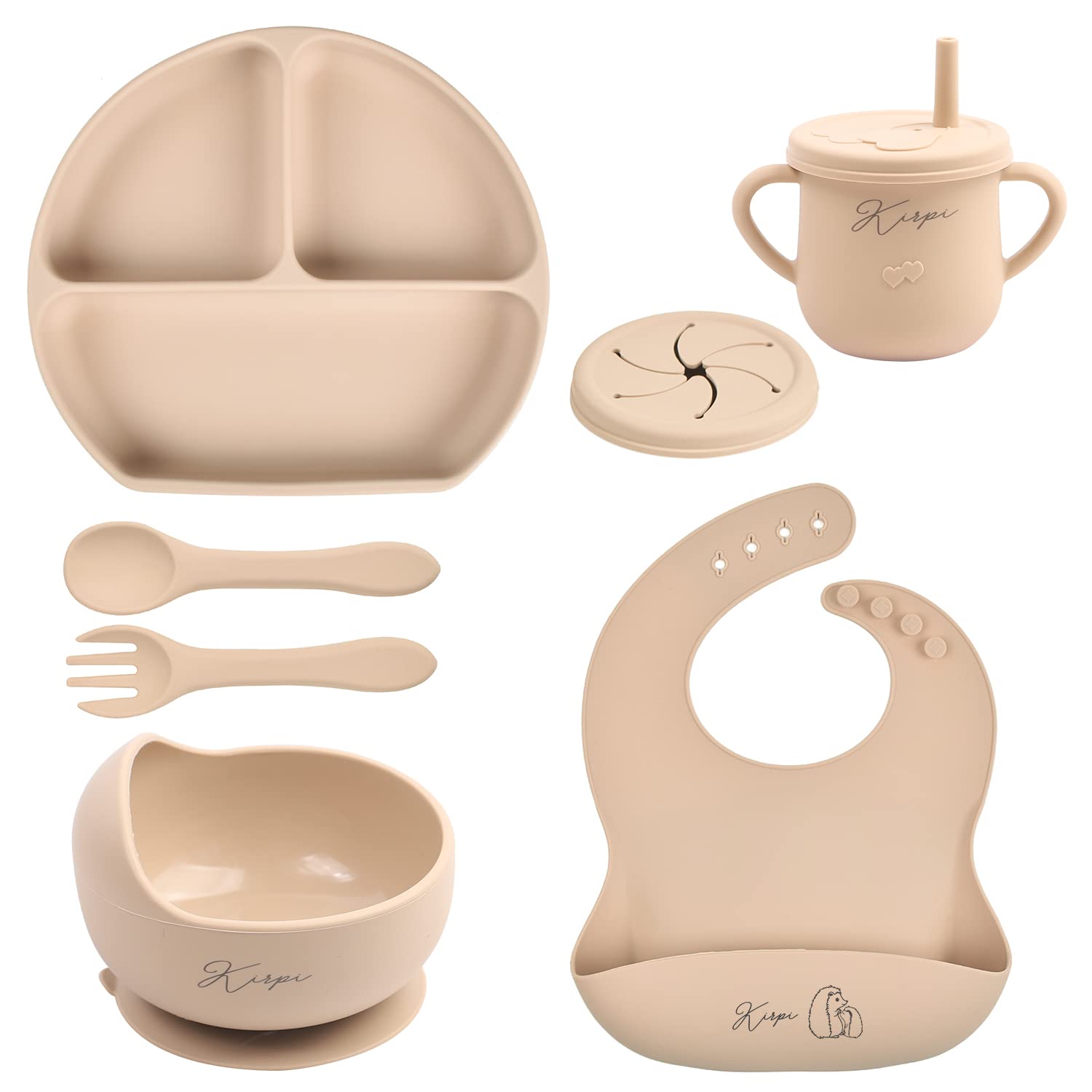 Baby Led Weaning Supplies - Kirpi Baby Feeding Set - Silicone Suction Bowls, Divided Plates, Sippy and Snack Cup - Toddler Self Feeding Eating Utensils Set with Bibs, Spoons, Fork - 6 Months (Beige)