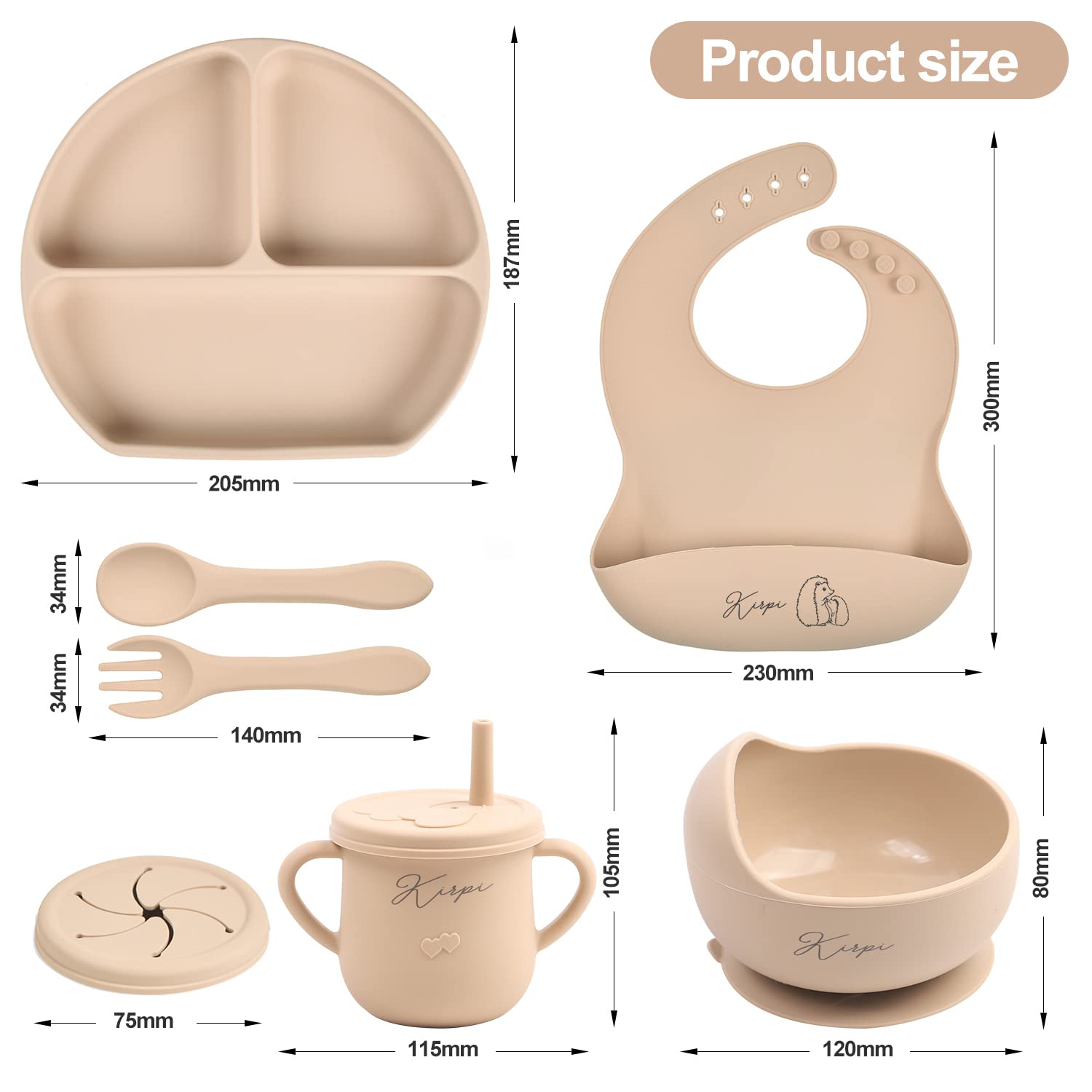 Baby Led Weaning Supplies - Kirpi Baby Feeding Set - Silicone Suction Bowls, Divided Plates, Sippy and Snack Cup - Toddler Self Feeding Eating Utensils Set with Bibs, Spoons, Fork - 6 Months (Beige)