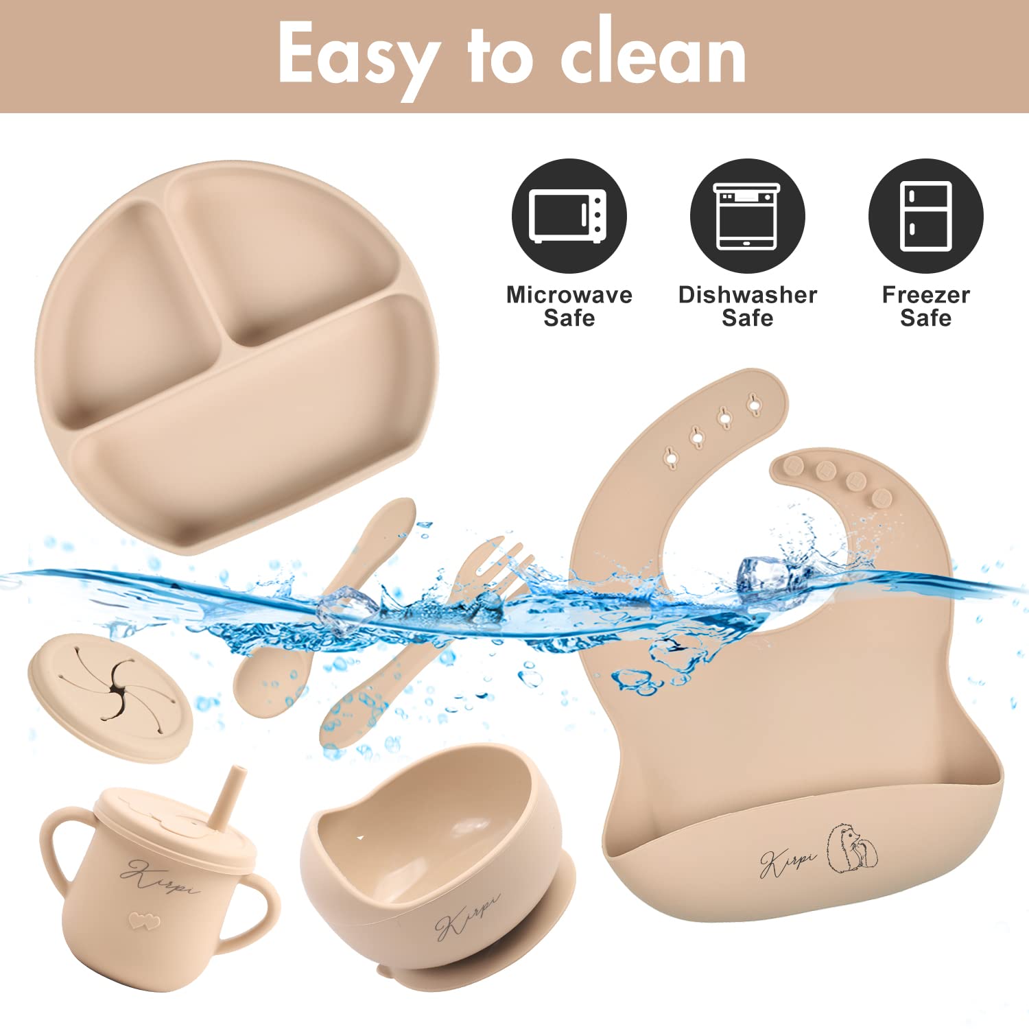 Baby Led Weaning Supplies - Kirpi Baby Feeding Set - Silicone Suction Bowls, Divided Plates, Sippy and Snack Cup - Toddler Self Feeding Eating Utensils Set with Bibs, Spoons, Fork - 6 Months (Beige)