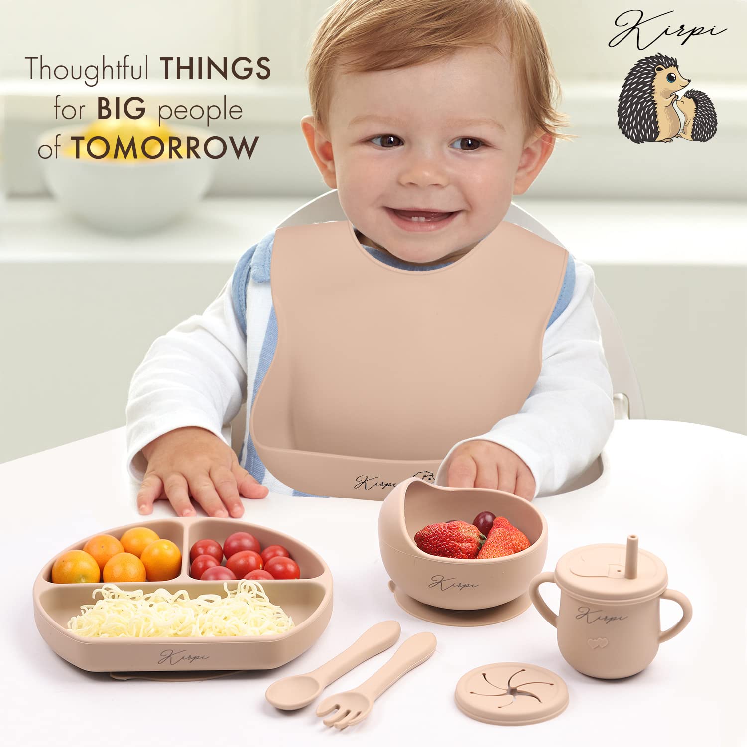 Baby Led Weaning Supplies - Kirpi Baby Feeding Set - Silicone Suction Bowls, Divided Plates, Sippy and Snack Cup - Toddler Self Feeding Eating Utensils Set with Bibs, Spoons, Fork - 6 Months (Beige)