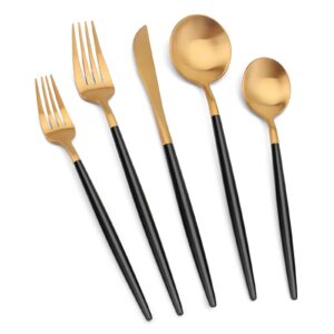 matte gold silverware set with black handle, vanys 30 piece stainless steel cutlery flatware set, kitchen utensil sets for 6, tableware with knife spoons and forks set, satin finished polished