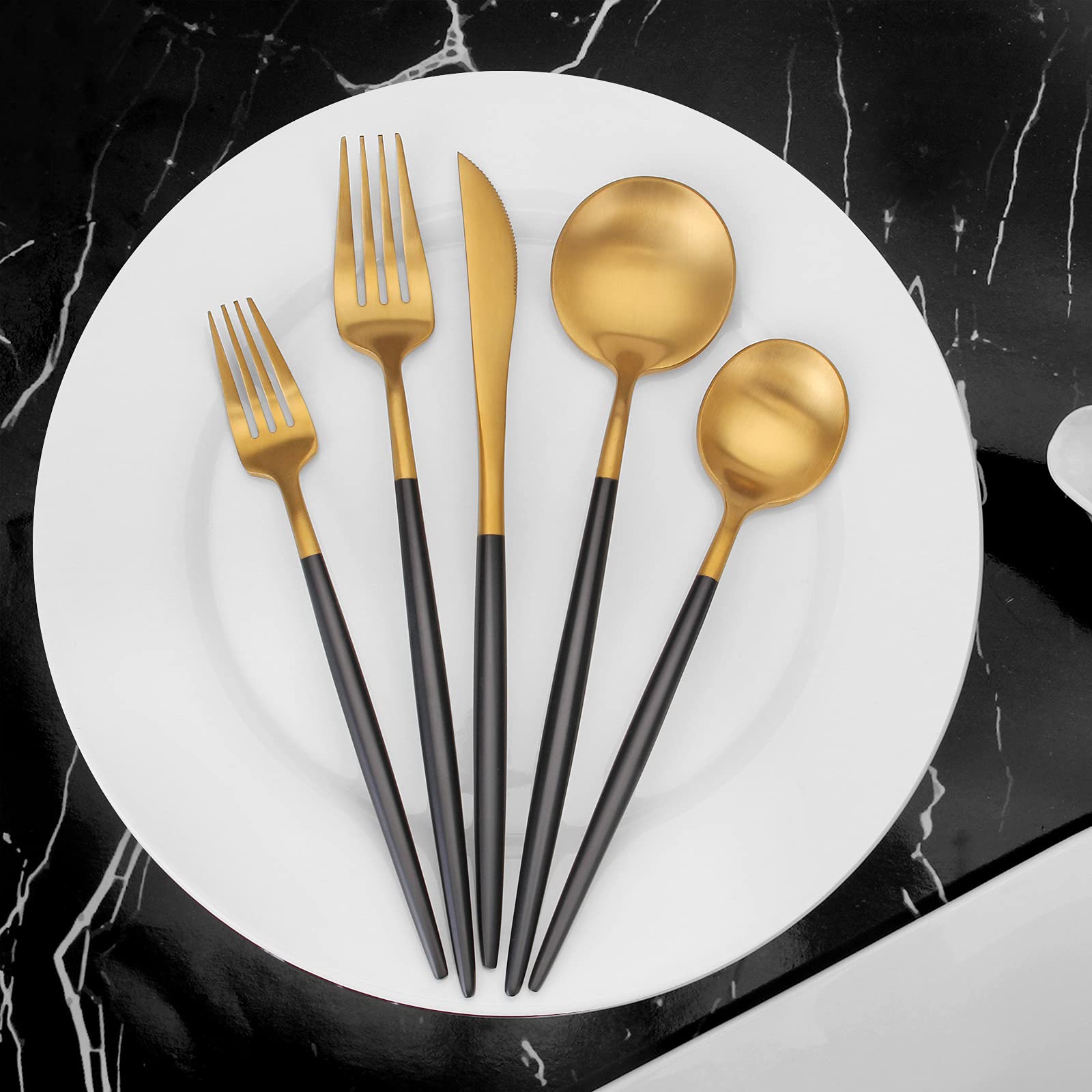 Matte Gold Silverware Set with black handle, Vanys 30 Piece Stainless Steel Cutlery Flatware Set, Kitchen Utensil Sets for 6, Tableware With Knife Spoons And Forks Set, Satin Finished Polished