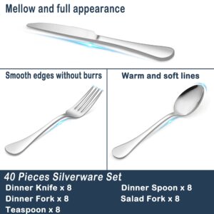 HaWare Silverware Set, 40-Piece 18/10 Stainless Steel Flatware Set Service for 8, Luxury Cutlery Set with Ultra Sharp Serrated Knife, Modern Eating Utensil Include Knife Fork Spoon, Dishwasher Safe