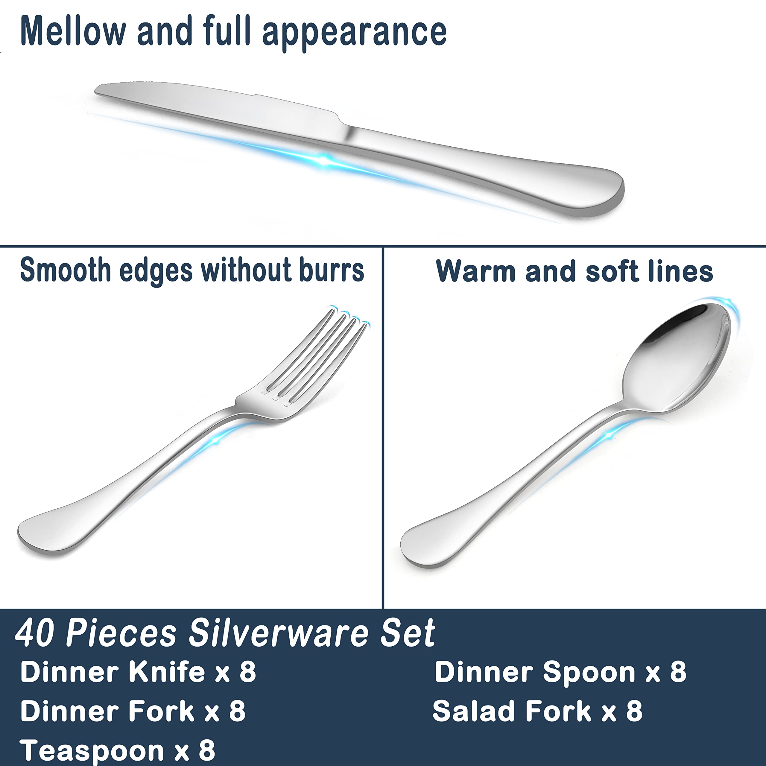 HaWare Silverware Set, 40-Piece 18/10 Stainless Steel Flatware Set Service for 8, Luxury Cutlery Set with Ultra Sharp Serrated Knife, Modern Eating Utensil Include Knife Fork Spoon, Dishwasher Safe