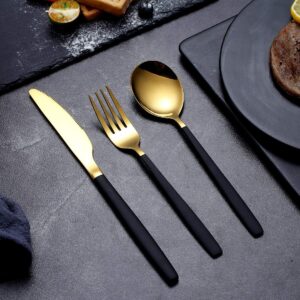 20 Piece Silverware Flatware Cutlery Set,Stainless Steel Utensils Service set for 4,Mirror Finish,Dishwasher Safe (Shining Golden Spoon and Matt Black Handle)