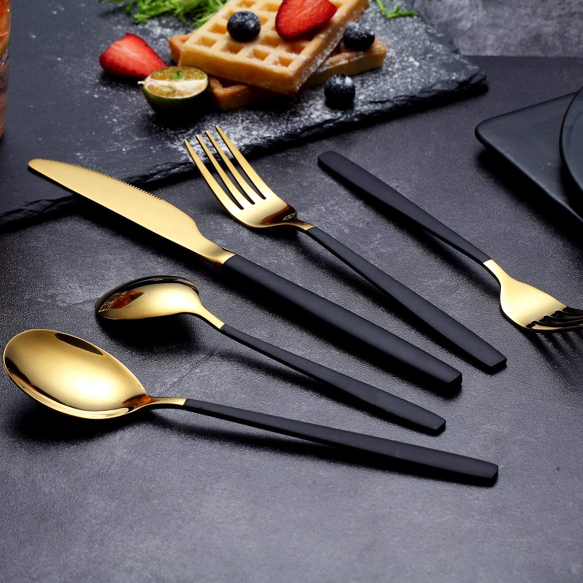 20 Piece Silverware Flatware Cutlery Set,Stainless Steel Utensils Service set for 4,Mirror Finish,Dishwasher Safe (Shining Golden Spoon and Matt Black Handle)