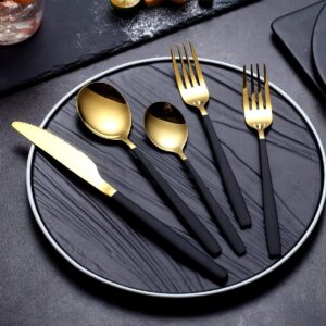 20 Piece Silverware Flatware Cutlery Set,Stainless Steel Utensils Service set for 4,Mirror Finish,Dishwasher Safe (Shining Golden Spoon and Matt Black Handle)