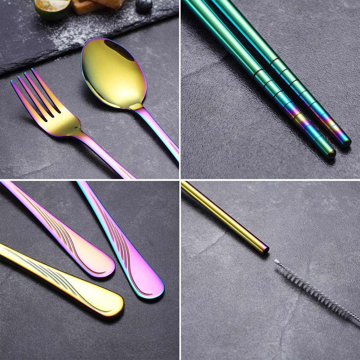 HOMQUEN Portable Utensils,Travel Camping Flatware Set,Stainless Steel Silverware Set,Include Knive/Fork/Spoon/Chopsticks/Straws/Brush/Portable Case(Colorful-8 Piece)