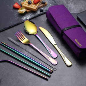 HOMQUEN Portable Utensils,Travel Camping Flatware Set,Stainless Steel Silverware Set,Include Knive/Fork/Spoon/Chopsticks/Straws/Brush/Portable Case(Colorful-8 Piece)
