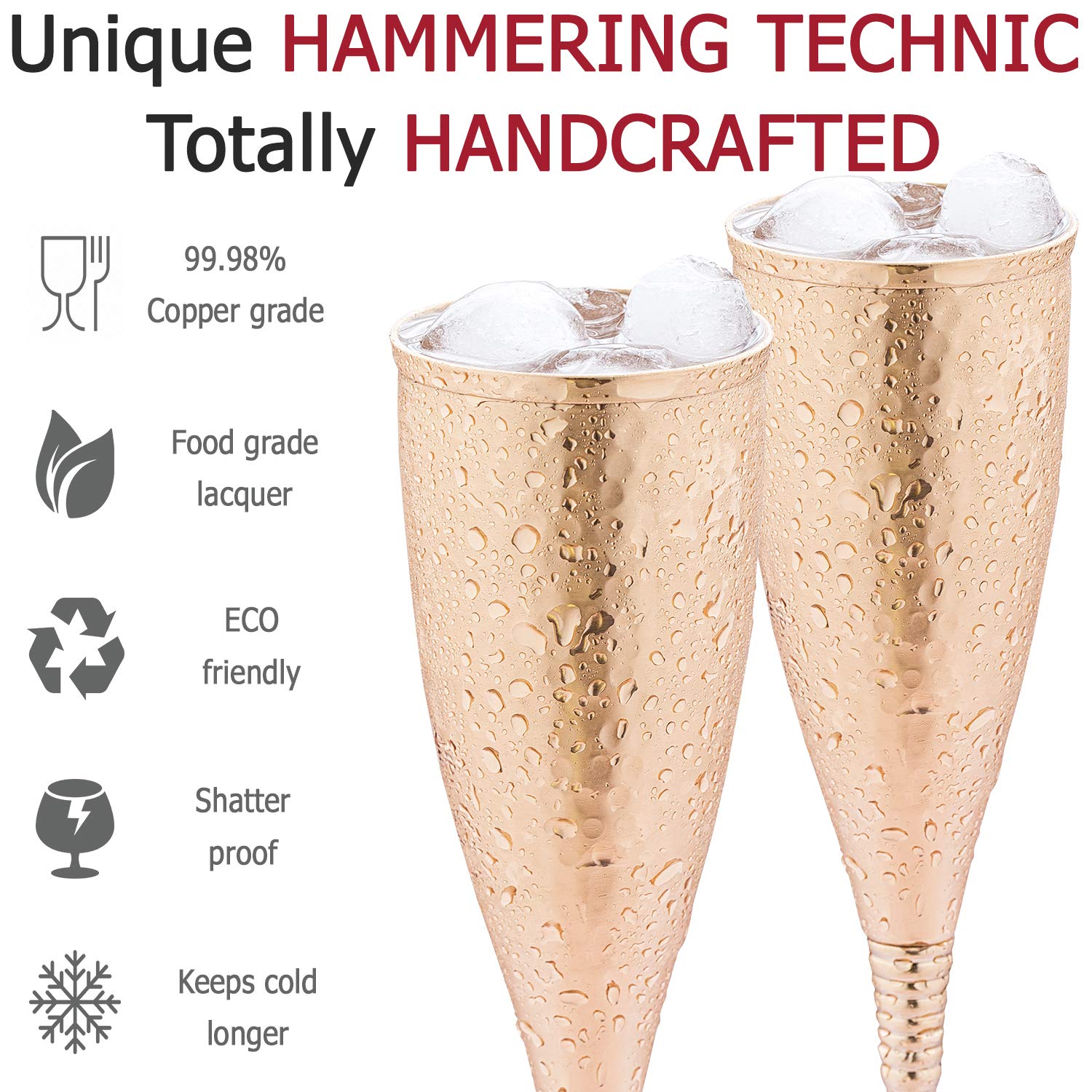 Copper champagne flutes of 6.7 oz set of 2 – Luxurious hammered copper champagne glasses – Each one is handcrafted and lacquered to prevent from tarnishing.