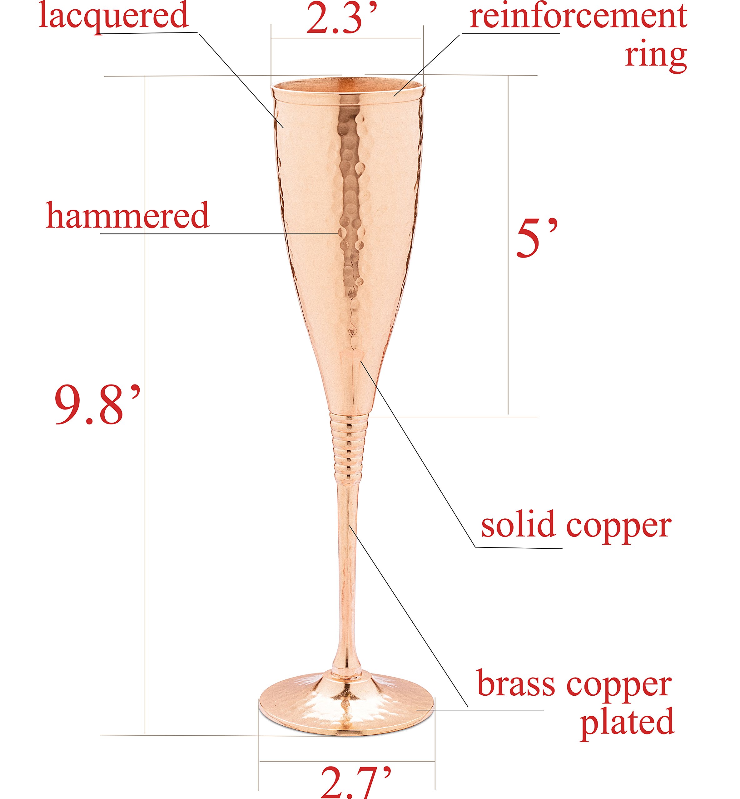 Copper champagne flutes of 6.7 oz set of 2 – Luxurious hammered copper champagne glasses – Each one is handcrafted and lacquered to prevent from tarnishing.