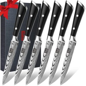 shan zu steak knife set, 6-piece steak knives, kitchen steak knife 5 inch, high carbon stainless steel serrated steak knives of 6 with premium gift box