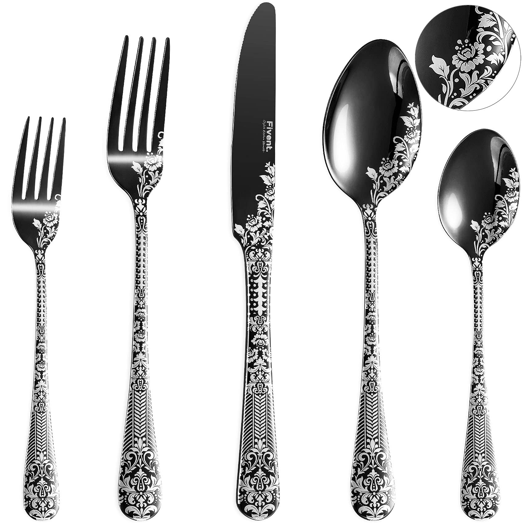 Fivent Floral Damask Rose Black Cutlery Set - 20 pcs - Includes 8 x Spoons, 8 x Forks, 4 x Knife - Stainless Steel, Dishwasher Safe, Mirror Polished Tableware - Durable Flatware - Home Kitchen