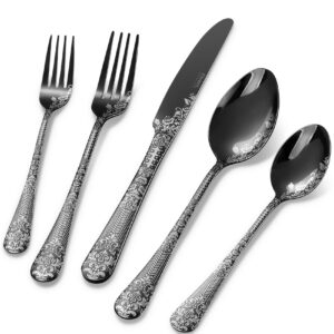 Fivent Floral Damask Rose Black Cutlery Set - 20 pcs - Includes 8 x Spoons, 8 x Forks, 4 x Knife - Stainless Steel, Dishwasher Safe, Mirror Polished Tableware - Durable Flatware - Home Kitchen