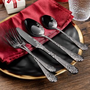 Fivent Floral Damask Rose Black Cutlery Set - 20 pcs - Includes 8 x Spoons, 8 x Forks, 4 x Knife - Stainless Steel, Dishwasher Safe, Mirror Polished Tableware - Durable Flatware - Home Kitchen