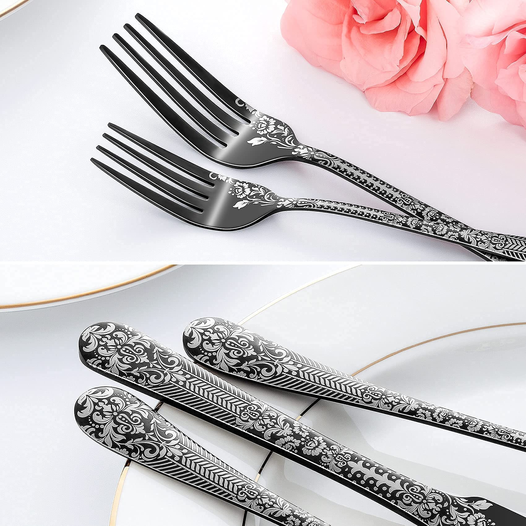 Fivent Floral Damask Rose Black Cutlery Set - 20 pcs - Includes 8 x Spoons, 8 x Forks, 4 x Knife - Stainless Steel, Dishwasher Safe, Mirror Polished Tableware - Durable Flatware - Home Kitchen