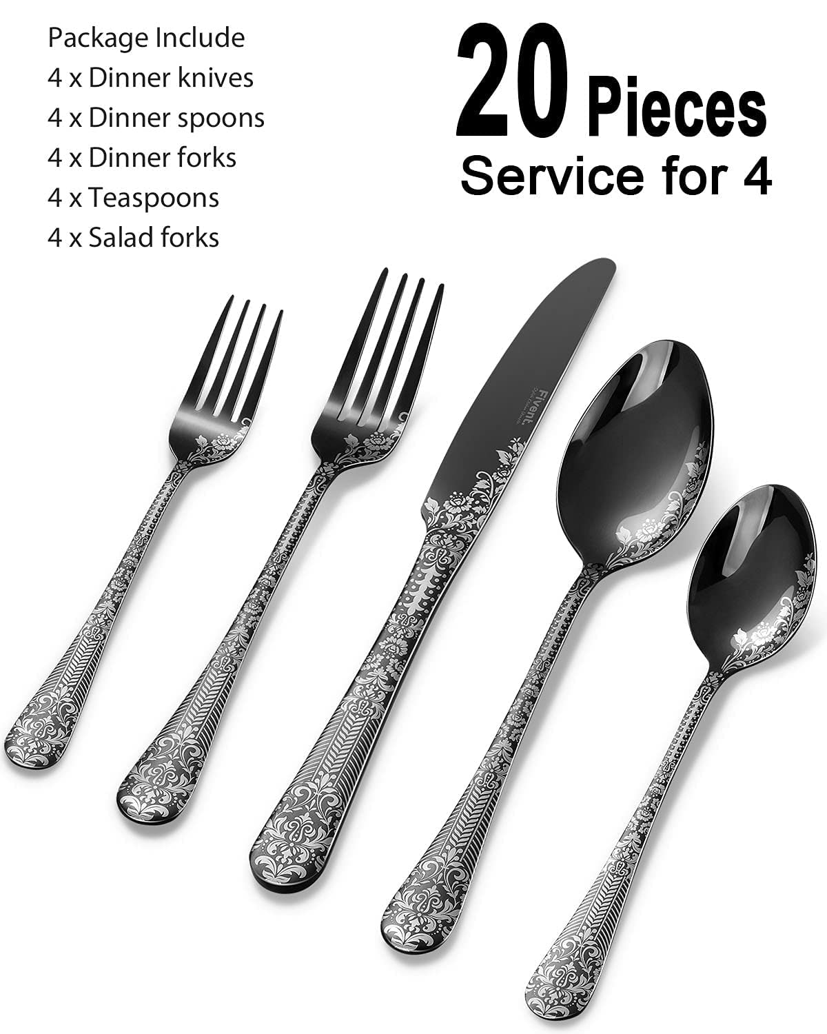 Fivent Floral Damask Rose Black Cutlery Set - 20 pcs - Includes 8 x Spoons, 8 x Forks, 4 x Knife - Stainless Steel, Dishwasher Safe, Mirror Polished Tableware - Durable Flatware - Home Kitchen