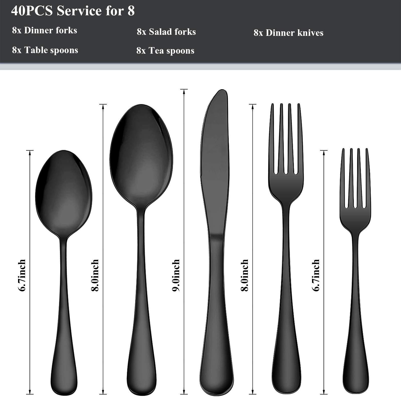 40-Piece Black Silverware Set, Bastwe Stainless Steel Flatware Cutlery Set, Kitchen Utensil Set Service for 8, Include Knife/Fork/Spoon, Mirror Polished, Dishwasher Safe