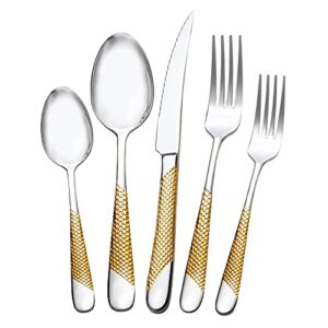 gold silverware set, 20 piece 18/10 stainless steel flatware set for 4, askscici forks and spoons silverware set for kitchen and family gatherings