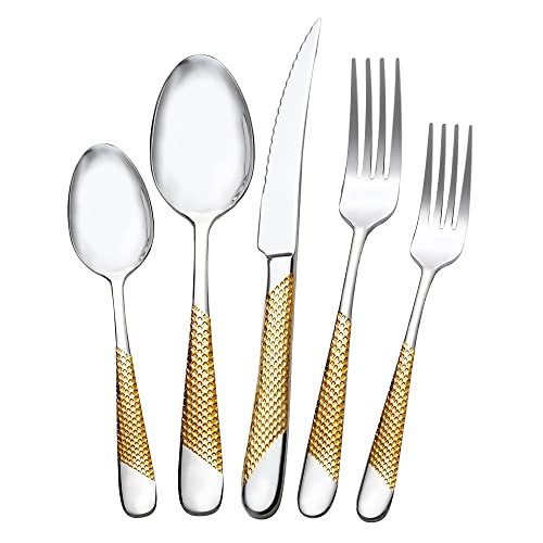 Gold Silverware Set, 20 Piece 18/10 Stainless Steel Flatware Set for 4, ASKSCICI Forks and Spoons Silverware Set for Kitchen and Family Gatherings