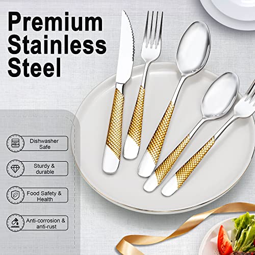 Gold Silverware Set, 20 Piece 18/10 Stainless Steel Flatware Set for 4, ASKSCICI Forks and Spoons Silverware Set for Kitchen and Family Gatherings