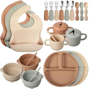 24 pack silicone baby feeding set baby led weaning supplies includes suction divided plates soft bowl spoons forks adjustable bib snack cup and straws for baby eating (walnut color, beige, smoky gray)