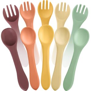 10 pieces baby led weaning spoons and forks set infant silicone spoon first self feed baby training utensils for toddler first stage feeding supplies for kids over 6 months, 5 pairs (classic colors)