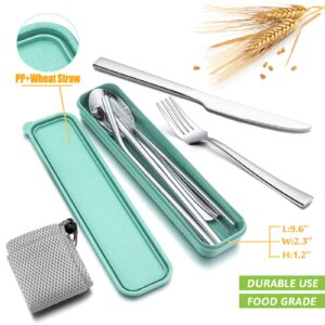 HaWare Portable Travel Utensils with Case, Stainless Steel Silverware Set for Camping Office School Lunch, Including Knife Fork Spoon Chopsticks, Reusable and Dishwasher Safe(Green)