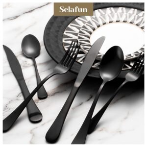 Selafun 24 Piece Matte Black Flatware Set.Stainless Steel Matte Black Silverware Set Titanium Plating Tableware Cutlery Set. Utensil Set for Kitchens. Dishwasher Safe(Service for 4)