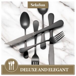 Selafun 24 Piece Matte Black Flatware Set.Stainless Steel Matte Black Silverware Set Titanium Plating Tableware Cutlery Set. Utensil Set for Kitchens. Dishwasher Safe(Service for 4)