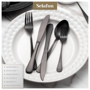 Selafun 24 Piece Matte Black Flatware Set.Stainless Steel Matte Black Silverware Set Titanium Plating Tableware Cutlery Set. Utensil Set for Kitchens. Dishwasher Safe(Service for 4)