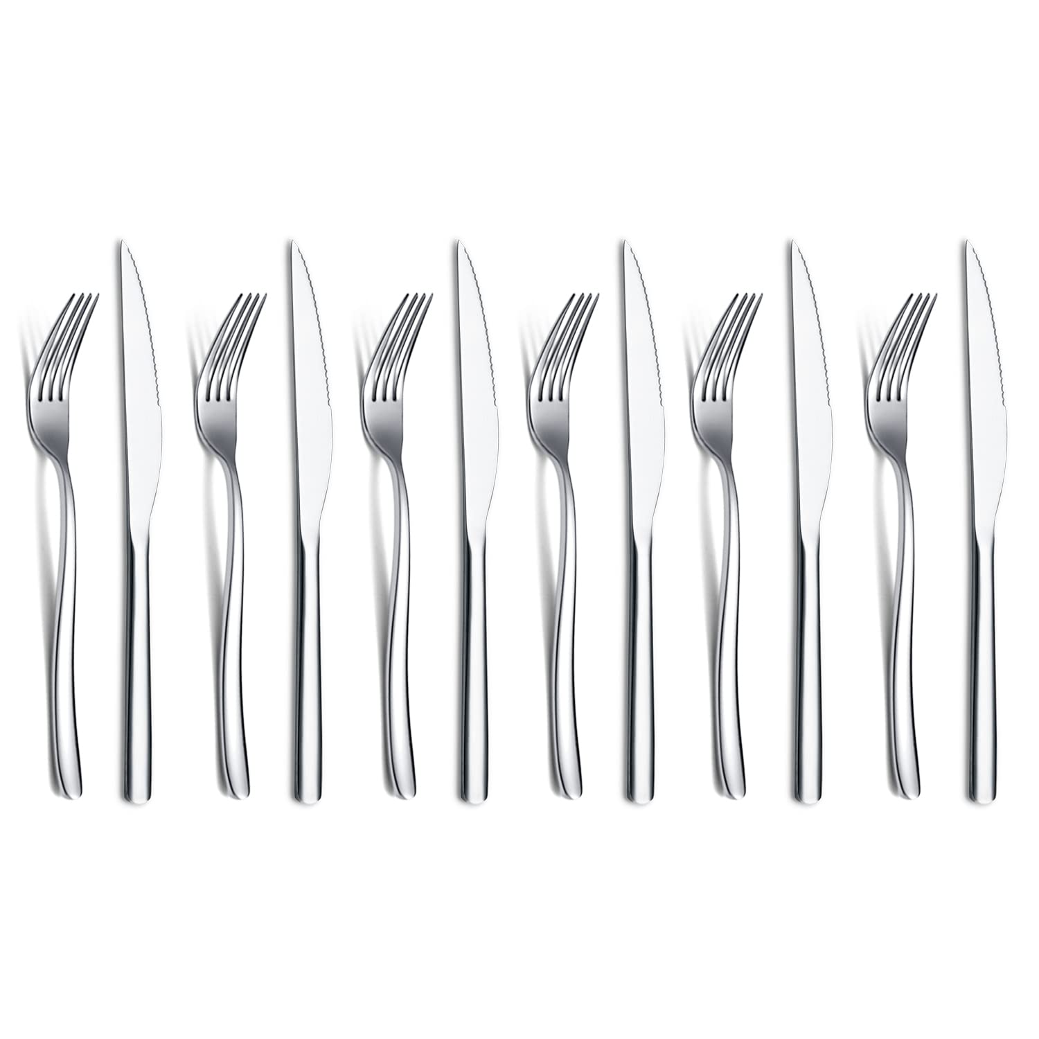 Steak Knives Set 12 Piece, Premium Stainless Steel 6 Dinner Forks and 6 Dinner Knives Set, Steak Knives Steak Forks for 6 Person, Mirror Polish, Dishwasher Safe (Shiny Silver)