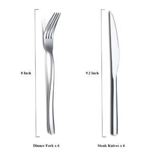 Steak Knives Set 12 Piece, Premium Stainless Steel 6 Dinner Forks and 6 Dinner Knives Set, Steak Knives Steak Forks for 6 Person, Mirror Polish, Dishwasher Safe (Shiny Silver)