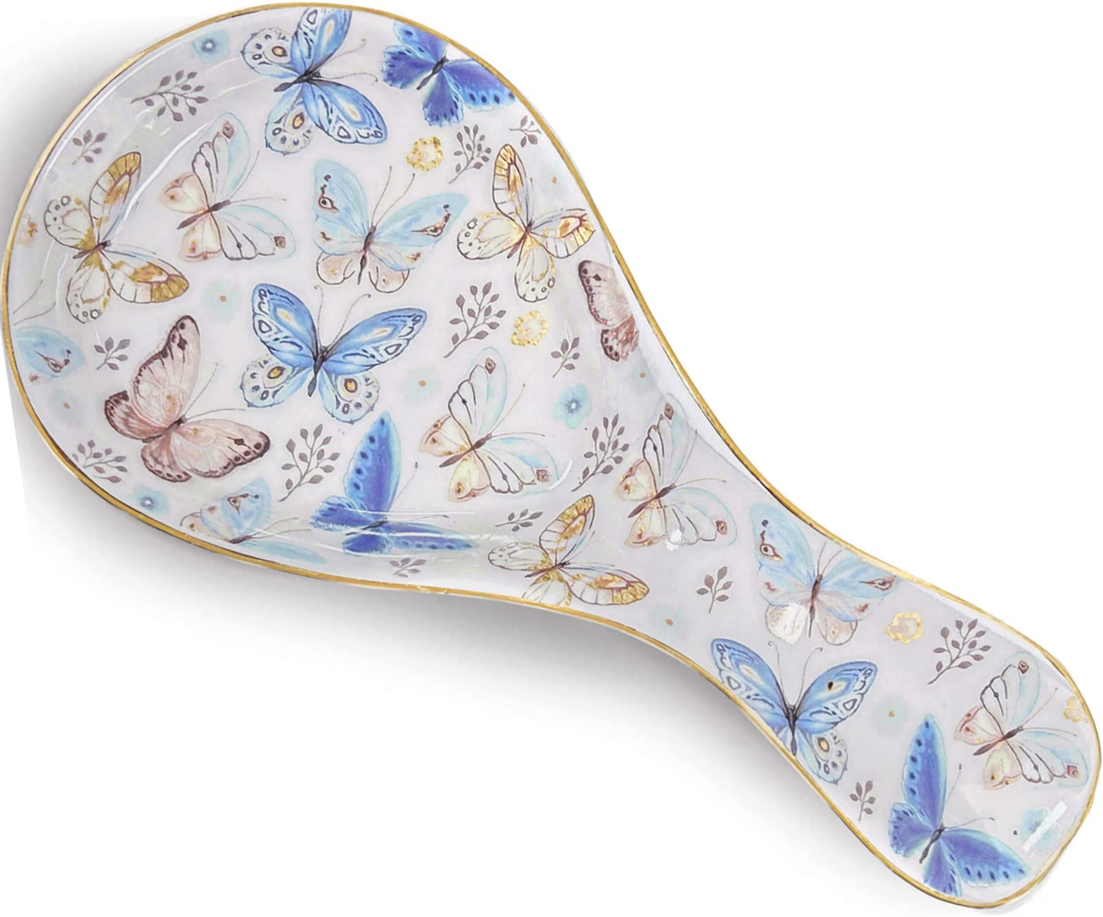 LEAZUL Ceramic Spoon Rest for Stove Top Large Spoon Holder Farmhouse Spoon Rest for Kitchen Counter Floral Coffee Spoon Rest Butterfly Print Cooking Utensil Tools Rest Modern Farmhouse Kitchen Decor